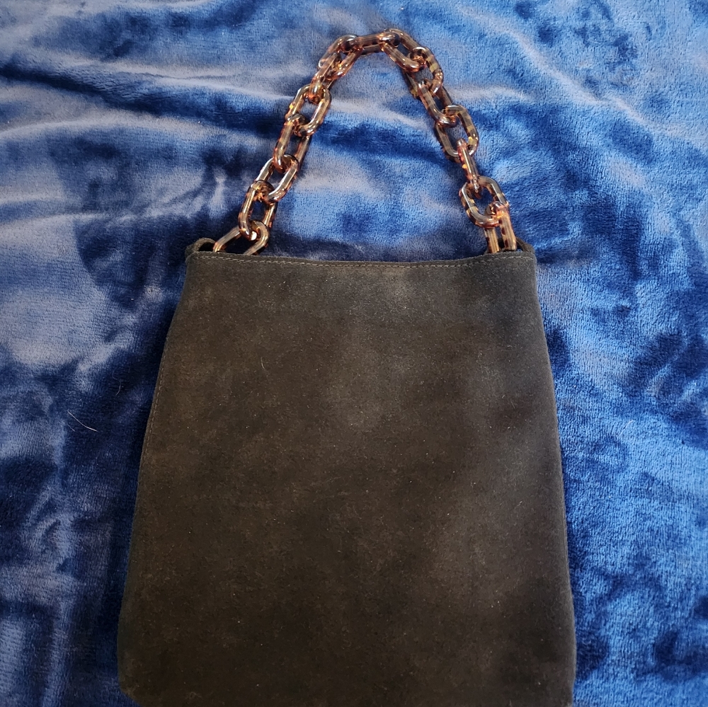 Madewell suede Brooklyn crossbody bag with tortoise shell handles.